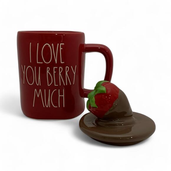 RAE DUNN "I LOVE YOU BERRY MUCH" Lidded Mug Chocolate Strawberry Valentines Day - Picture 9 of 9